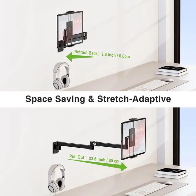 Alt view image 2 of 7 - Long Arm iPad Wall Mount Holder, Extendable Aluminium Tablet Wall Mount Holder for Home Kitchen Office Use, Compatible with iPad Pro, Air, Galaxy Tab, Kindle, iPhone All 4.7-13in Tablets