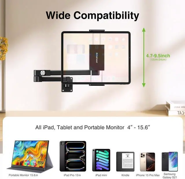 Alt view image 7 of 7 - Long Arm iPad Wall Mount Holder, Extendable Aluminium Tablet Wall Mount Holder for Home Kitchen Office Use, Compatible with iPad Pro, Air, Galaxy Tab, Kindle, iPhone All 4.7-13in Tablets
