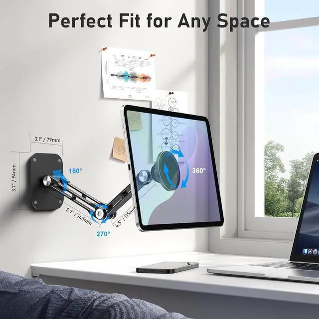 Alt view image 6 of 7 - Magnetic iPad Wall Mount, Aluminum Dual-Arm Tablet Wall Mount Holder, 360° Multi-Angle Adjustable, Foldable Wall iPad Mount, for 4.7"-13" iPad Pro/Air/Mini, Phones & Tablets, Strong Magnets