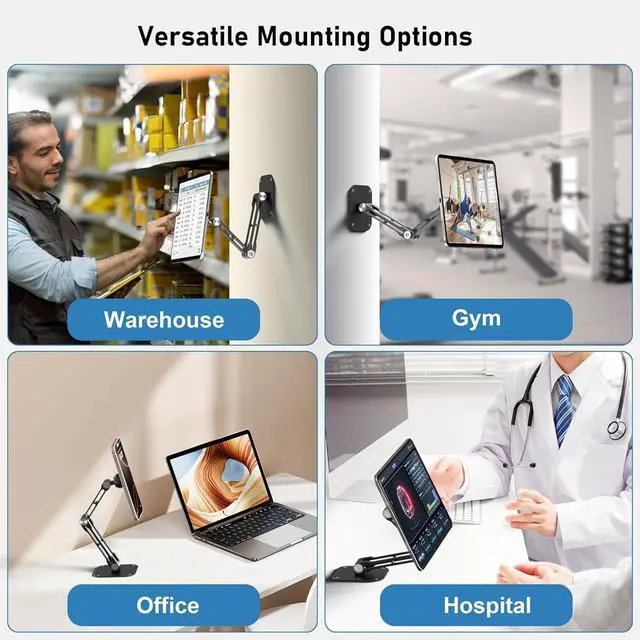 Alt view image 3 of 7 - Magnetic iPad Wall Mount, Aluminum Dual-Arm Tablet Wall Mount Holder, 360° Multi-Angle Adjustable, Foldable Wall iPad Mount, for 4.7"-13" iPad Pro/Air/Mini, Phones & Tablets, Strong Magnets