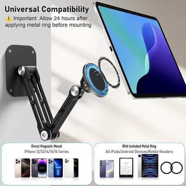 Alt view image 4 of 7 - Magnetic iPad Wall Mount, Aluminum Dual-Arm Tablet Wall Mount Holder, 360° Multi-Angle Adjustable, Foldable Wall iPad Mount, for 4.7"-13" iPad Pro/Air/Mini, Phones & Tablets, Strong Magnets