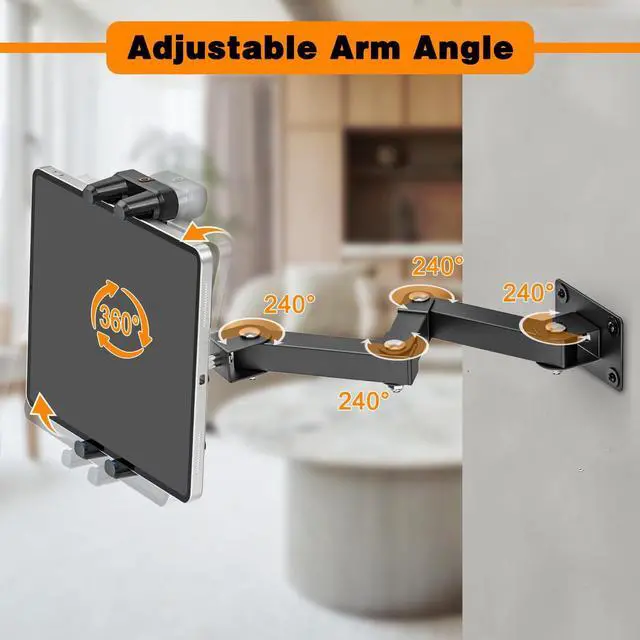 Alt view image 3 of 6 - Tablet Wall Mount Holder, 3-Stage Extendable Arm, 360° Rotating Under Cabinet or Wall Mount for iPad Pro, Air, Galaxy Tab, and All 4.713.5" Tablets  Perfect for Kitchens, Offices