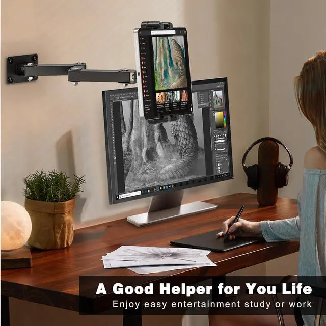 Alt view image 2 of 6 - Tablet Wall Mount Holder, 3-Stage Extendable Arm, 360° Rotating Under Cabinet or Wall Mount for iPad Pro, Air, Galaxy Tab, and All 4.713.5" Tablets  Perfect for Kitchens, Offices