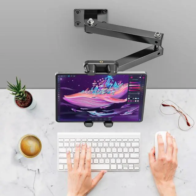 Alt view image 5 of 7 - Foldable Tablet Wall Mount, Sturdy Metal Base, 360° Rotation Tablet Holder Stand with 2-Stage Extendable Arm, Kitchen Wall Mount Bracket Holder for All 4.7-12.9 Inch Tablets