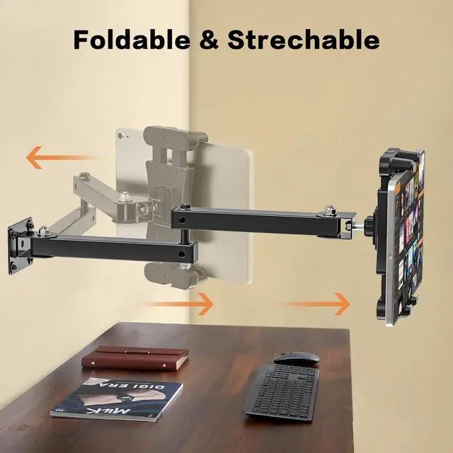 Alt view image 2 of 7 - Foldable Tablet Wall Mount, Sturdy Metal Base, 360° Rotation Tablet Holder Stand with 2-Stage Extendable Arm, Kitchen Wall Mount Bracket Holder for All 4.7-12.9 Inch Tablets