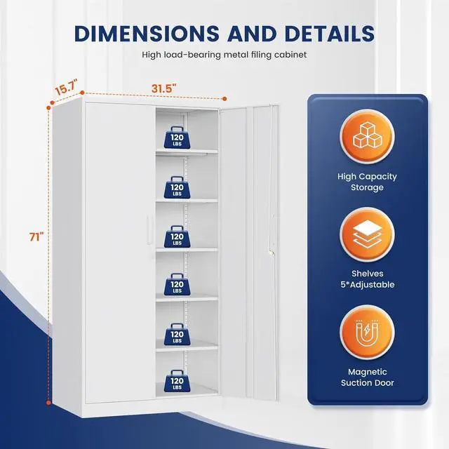 Alt view image 2 of 7 - Metal Garage Storage Cabinet with 2 Doors and 5 Adjustable Shelves - 71" Steel Lockable File Cabinet,Locking Tool Cabinets for Office,Home,Garage,Gym,School (White)