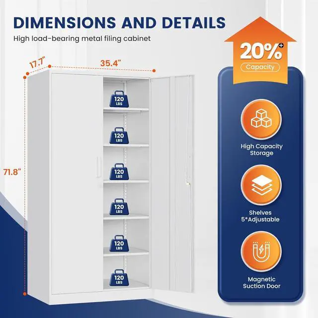 Alt view image 2 of 7 - Metal Storage Cabinet with Locking Doors and 5 Adjustable Shelves,- 72" Garage Storage White Steel Lockable File Cabinet for Office,Home,Garage, White