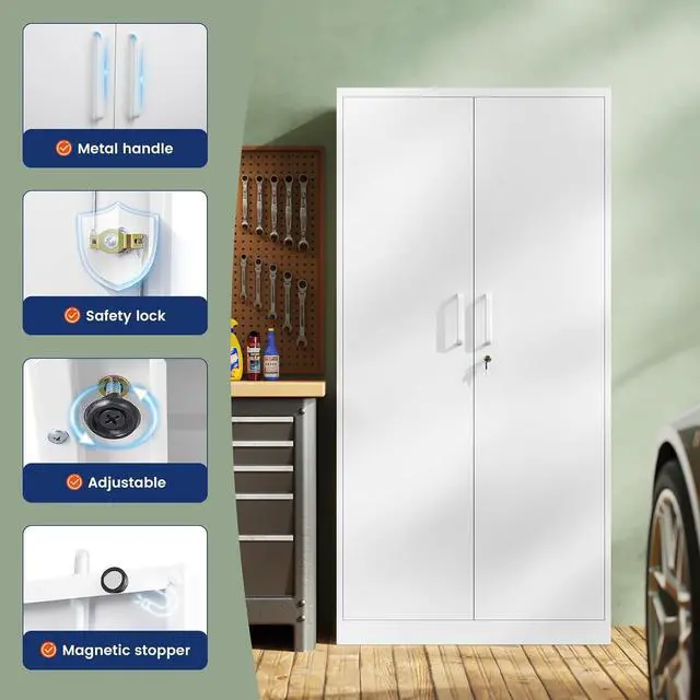 Alt view image 3 of 7 - Metal Storage Cabinet with Locking Doors and 5 Adjustable Shelves,- 72" Garage Storage White Steel Lockable File Cabinet for Office,Home,Garage, White