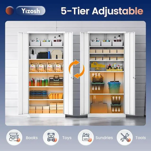 Alt view image 5 of 7 - Metal Storage Cabinet with Locking Doors and 5 Adjustable Shelves,- 72" Garage Storage White Steel Lockable File Cabinet for Office,Home,Garage, White