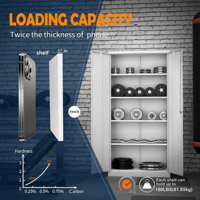 Alt view image 4 of 7 - Metal Storage Cabinet with Locking Doors and 5 Adjustable Shelves,- 72" Garage Storage White Steel Lockable File Cabinet for Office,Home,Garage, White