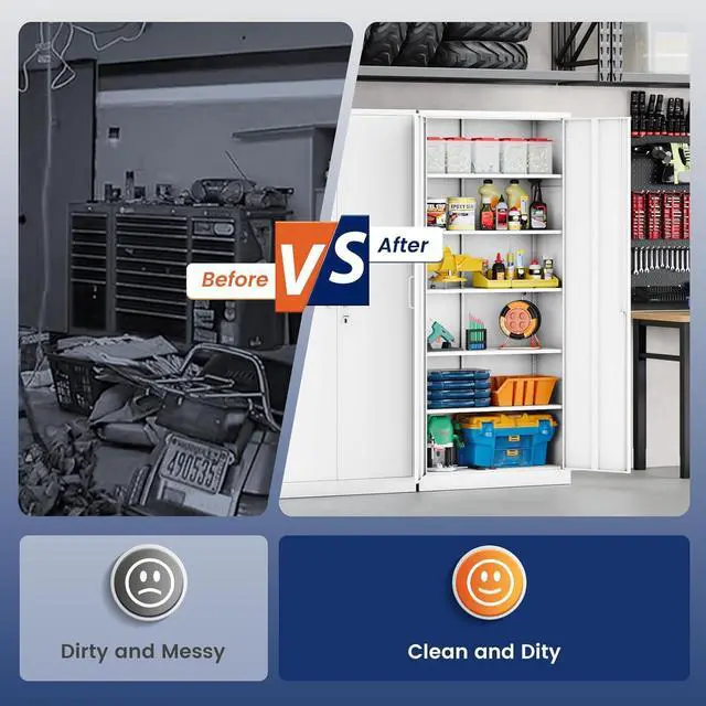 Alt view image 7 of 7 - Metal Storage Cabinet with Locking Doors and 5 Adjustable Shelves,- 72" Garage Storage White Steel Lockable File Cabinet for Office,Home,Garage, White