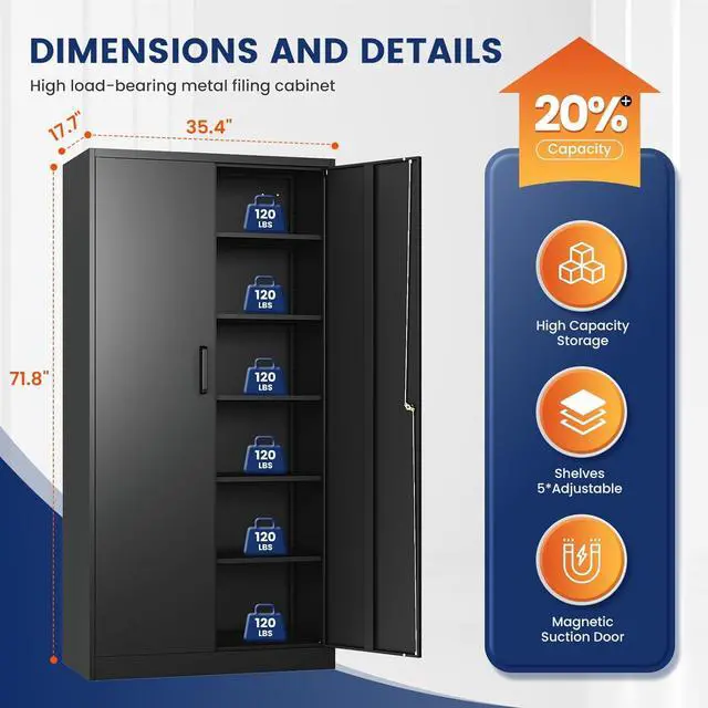 Alt view image 2 of 6 - Metal Storage Cabinet with Locking Doors and 5 Adjustable Shelves,- 72" Garage Storage White Steel Lockable File Cabinet for Office,Home,Garage, Black