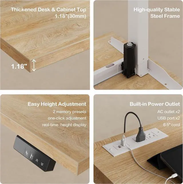 Alt view image 4 of 7 - 67" Standing Desk with 2 File Cabinets, AC/USB, 1.18" Desktop, L Shaped Height Adjustable Electric Stand Up Desk, Multiple Functions for Home and Office, Light Walnut