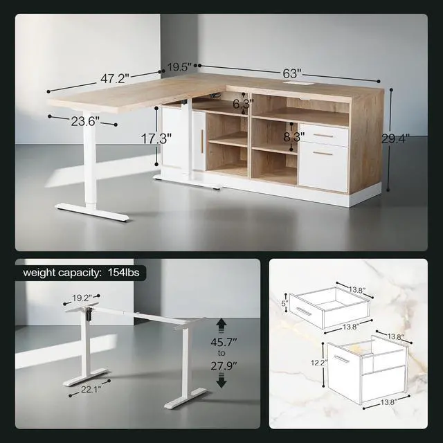 Alt view image 2 of 7 - 67" Standing Desk with 2 File Cabinets, AC/USB, 1.18" Desktop, L Shaped Height Adjustable Electric Stand Up Desk, Multiple Functions for Home and Office, Light Walnut
