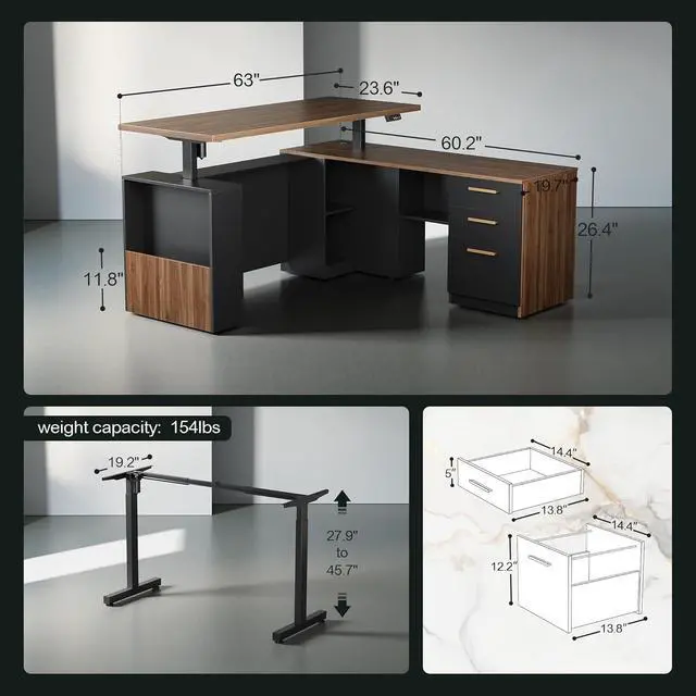 Alt view image 2 of 7 - 63" Standing Desk with File Cabinet, Privacy Panel, AC/USB, 1.18" Desktop, Executive L Shaped Height Adjustable Electric Stand Up Desk, Home Office Table with 3 Drawers, Black Walnut