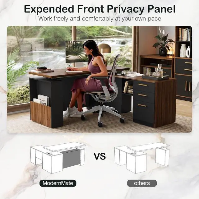 Alt view image 3 of 7 - 63" Standing Desk with File Cabinet, Privacy Panel, AC/USB, 1.18" Desktop, Executive L Shaped Height Adjustable Electric Stand Up Desk, Home Office Table with 3 Drawers, Black Walnut