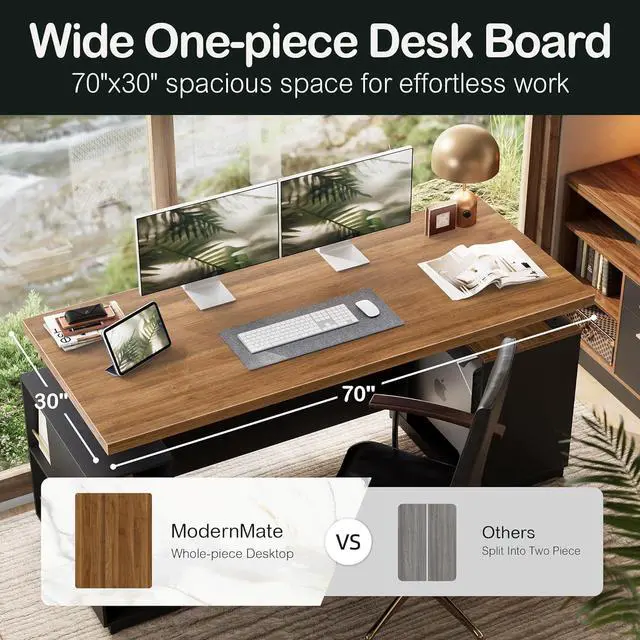 Alt view image 5 of 7 - 70" Standing Desk with 2 File Cabinet, AC/USB, 1.18" Desktop, L Shaped Height Adjustable Desk, Electric Furniture Set with Multiple Functions for Home and Office, Black Walnut