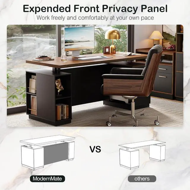 Alt view image 3 of 7 - 70" Standing Desk with 2 File Cabinet, AC/USB, 1.18" Desktop, L Shaped Height Adjustable Desk, Electric Furniture Set with Multiple Functions for Home and Office, Black Walnut