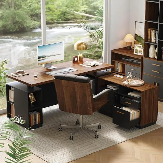 Main image of 70" Standing Desk with 2 File Cabinet, AC/USB, 1.18" Desktop, L Shaped Height Adjustable Desk, Electric Furniture Set with Multiple Functions for Home and Office, Black Walnut