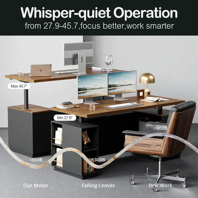 Alt view image 7 of 7 - 70" Standing Desk with 2 File Cabinet, AC/USB, 1.18" Desktop, L Shaped Height Adjustable Desk, Electric Furniture Set with Multiple Functions for Home and Office, Black Walnut