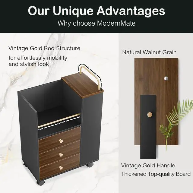 Alt view image 3 of 6 - 3 Drawer Mobile File Cabinet, Wood Rolling Filing Cabinet with Lockable Wheels, Utility Cart with Open Storage Shelves Home Office Fits A4/Legal, 19.7" x 11.8" x 26.3", Walnut Black
