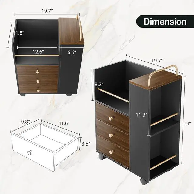 Alt view image 2 of 6 - 3 Drawer Mobile File Cabinet, Wood Rolling Filing Cabinet with Lockable Wheels, Utility Cart with Open Storage Shelves Home Office Fits A4/Legal, 19.7" x 11.8" x 26.3", Walnut Black