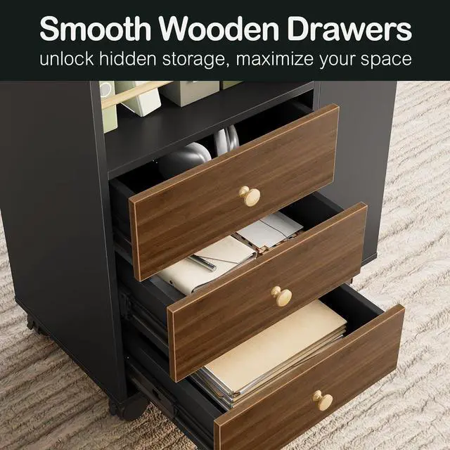 Alt view image 4 of 6 - 3 Drawer Mobile File Cabinet, Wood Rolling Filing Cabinet with Lockable Wheels, Utility Cart with Open Storage Shelves Home Office Fits A4/Legal, 19.7" x 11.8" x 26.3", Walnut Black