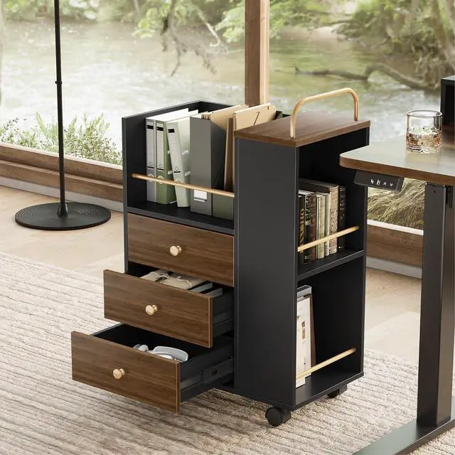 Main image of 3 Drawer Mobile File Cabinet, Wood Rolling Filing Cabinet with Lockable Wheels, Utility Cart with Open Storage Shelves Home Office Fits A4/Legal, 19.7" x 11.8" x 26.3", Walnut Black