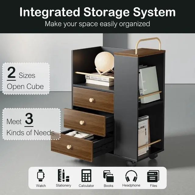 Alt view image 5 of 6 - 3 Drawer Mobile File Cabinet, Wood Rolling Filing Cabinet with Lockable Wheels, Utility Cart with Open Storage Shelves Home Office Fits A4/Legal, 19.7" x 11.8" x 26.3", Walnut Black