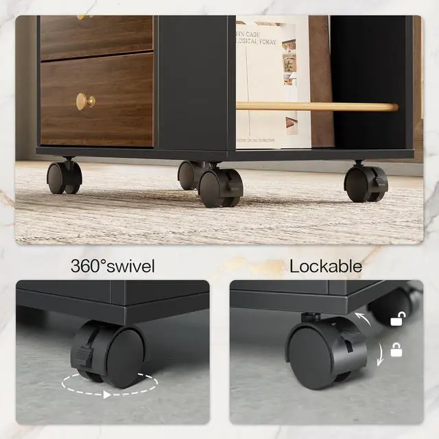 Alt view image 6 of 6 - 3 Drawer Mobile File Cabinet, Wood Rolling Filing Cabinet with Lockable Wheels, Utility Cart with Open Storage Shelves Home Office Fits A4/Legal, 19.7" x 11.8" x 26.3", Walnut Black