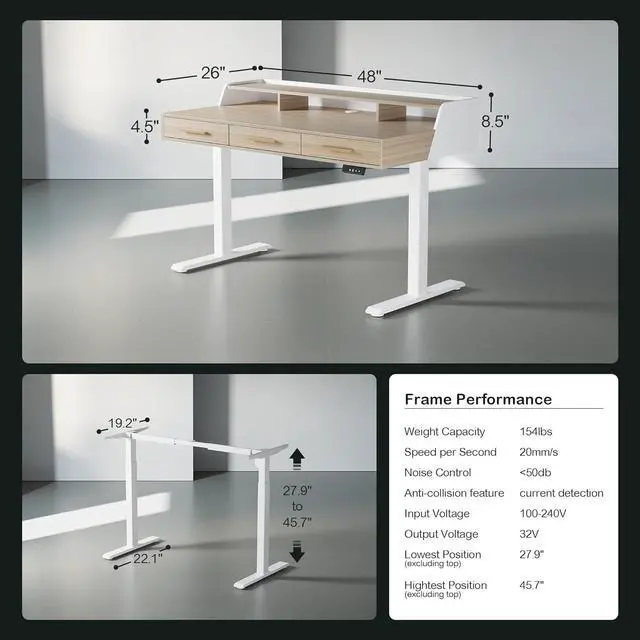 Alt view image 4 of 7 - Standing Desk with 3 Drawers, 48 x 26 Inches Height Adjustable Desk with Monitor Shelf, Electric Stand Up Desk with Storage for Home and Office, Light Walnut