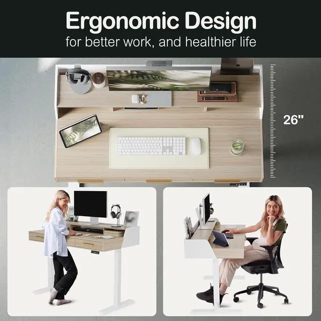 Alt view image 6 of 7 - Standing Desk with 3 Drawers, 48 x 26 Inches Height Adjustable Desk with Monitor Shelf, Electric Stand Up Desk with Storage for Home and Office, Light Walnut