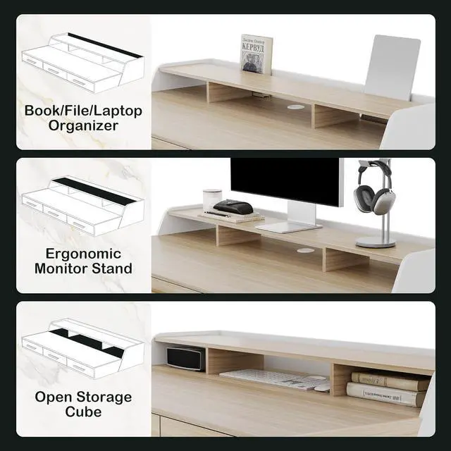 Alt view image 3 of 7 - Standing Desk with 3 Drawers, 48 x 26 Inches Height Adjustable Desk with Monitor Shelf, Electric Stand Up Desk with Storage for Home and Office, Light Walnut