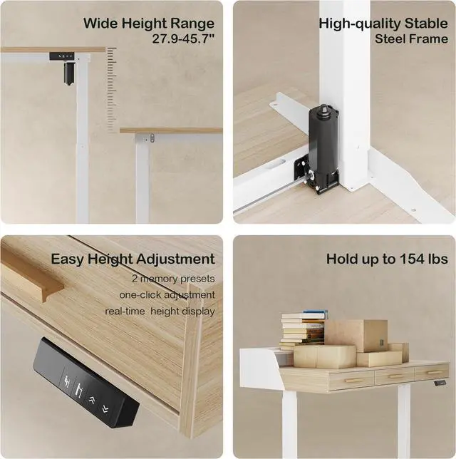 Alt view image 7 of 7 - Standing Desk with 3 Drawers, 48 x 26 Inches Height Adjustable Desk with Monitor Shelf, Electric Stand Up Desk with Storage for Home and Office, Light Walnut