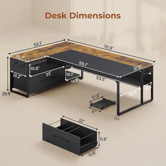 Alt view image 2 of 6 - 71" Executive Desk, Large Office Desk with Widen File Drawers & Power Outlets, Reversible L Shaped Computer Desk Corner Desk with Storage Shelves, CPU Stand, Hooks, Business Furniture