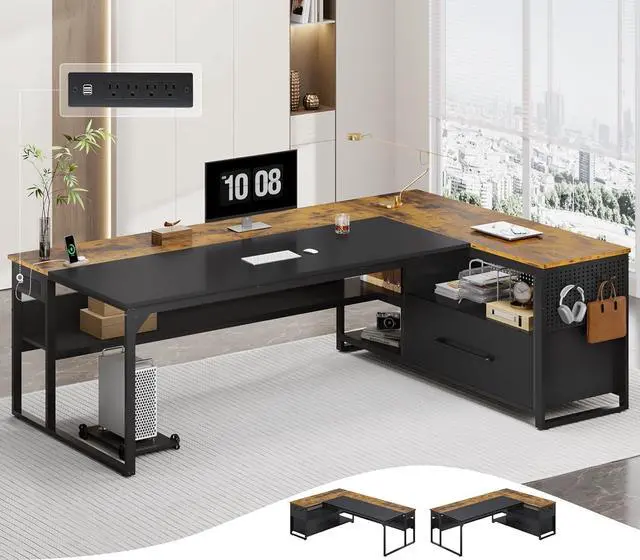 Main image of 71" Executive Desk, Large Office Desk with Widen File Drawers & Power Outlets, Reversible L Shaped Computer Desk Corner Desk with Storage Shelves, CPU Stand, Hooks, Business Furniture