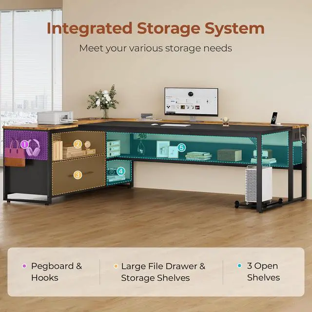 Alt view image 6 of 6 - 71" Executive Desk, Large Office Desk with Widen File Drawers & Power Outlets, Reversible L Shaped Computer Desk Corner Desk with Storage Shelves, CPU Stand, Hooks, Business Furniture