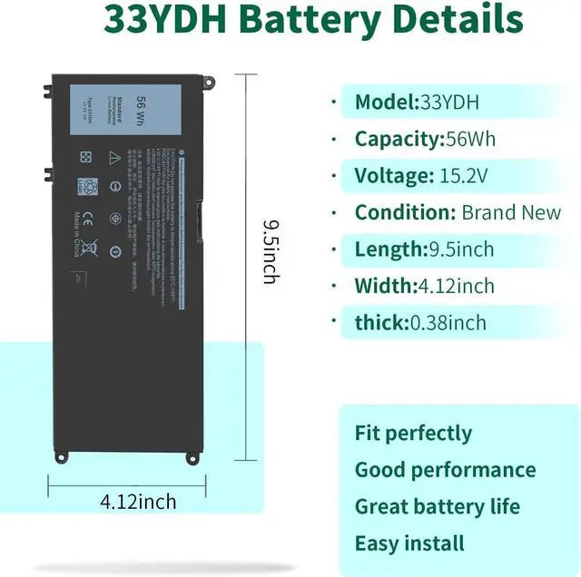 Alt view image 2 of 5 - 56WH 33YDH Laptop Battery for Dell Inspiron 17 7000 7778 7779 7786 7773 15 7577 G3 3579 3779 G5 5587 G7 7588 Latitude 13 3380 14 3490 15 3590 3580 PVHT1 P30E 81PF3 081PF3 12 Months Warranty