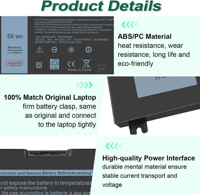 Alt view image 3 of 5 - 56WH 33YDH Laptop Battery for Dell Inspiron 17 7000 7778 7779 7786 7773 15 7577 G3 3579 3779 G5 5587 G7 7588 Latitude 13 3380 14 3490 15 3590 3580 PVHT1 P30E 81PF3 081PF3 12 Months Warranty
