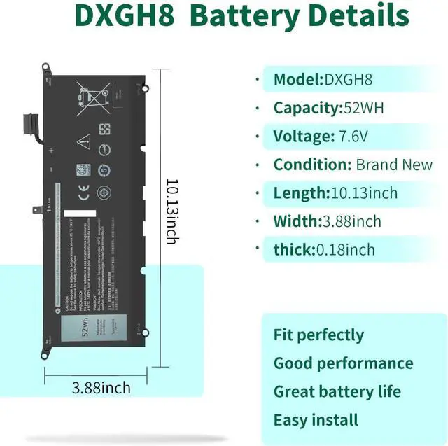 Alt view image 2 of 5 - DXGH8 7.6V 52Wh Battery for Dell XPS 13 9370 9380 2019 Inspiron 13 7390 7391 2-in-1 5390 5391 7490 Latitude 3301 E3301 Vostro 5390 5391 Series 0H754V H754V G8VCF G8VCF6C HK6N5 P113G001 P82G P82G001