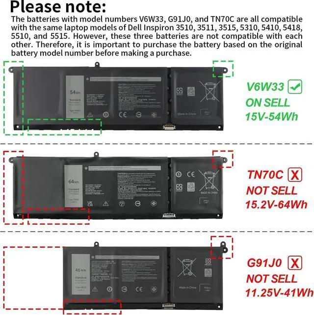 Alt view image 3 of 5 - V6W33 Battery Replacement for Dell Inspiron 15 3511 3520 3515 3510 5510 5515 5518 5310 5635 5625 5630 Latitude 3320 3330 3420 3520 Vostro 3515 3525 Series 15V 54Wh