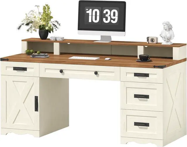 Main image of Farmhouse Executive Desk with Drawers & Storage Shelves, 55" Computer Desk with Power Outlets, Home Office Desk with Monitor Stand & File Drawers, Writing Study Table, Antique White
