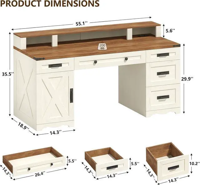 Alt view image 2 of 6 - Farmhouse Executive Desk with Drawers & Storage Shelves, 55" Computer Desk with Power Outlets, Home Office Desk with Monitor Stand & File Drawers, Writing Study Table, Antique White