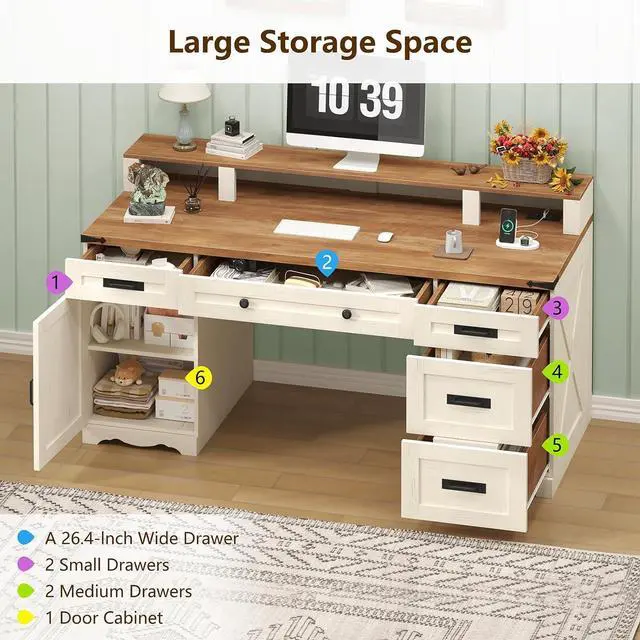 Alt view image 3 of 6 - Farmhouse Executive Desk with Drawers & Storage Shelves, 55" Computer Desk with Power Outlets, Home Office Desk with Monitor Stand & File Drawers, Writing Study Table, Antique White
