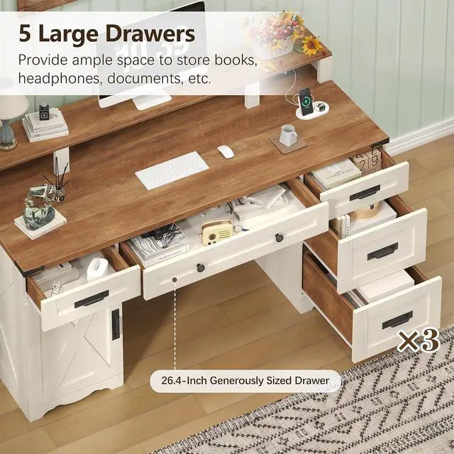 Alt view image 4 of 6 - Farmhouse Executive Desk with Drawers & Storage Shelves, 55" Computer Desk with Power Outlets, Home Office Desk with Monitor Stand & File Drawers, Writing Study Table, Antique White