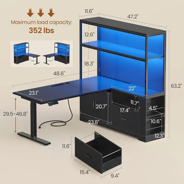 Alt view image 2 of 7 - L Shaped Standing Desk, Reversible Computer Office Desk with Drawers & Hutch, Stand Up Corner Gaming Desks with LED Lights & Power Outlets for Home Office, Black