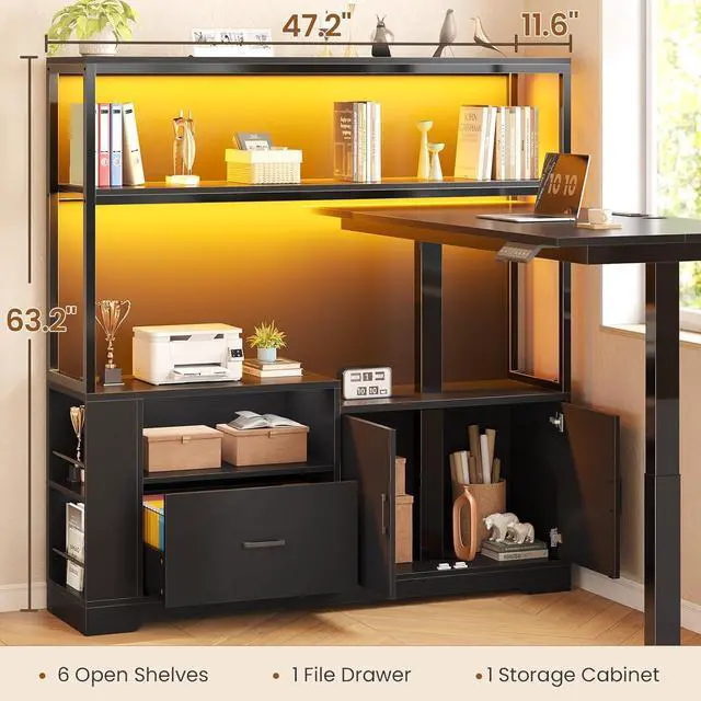 Alt view image 4 of 7 - L Shaped Standing Desk, Reversible Computer Office Desk with Drawers & Hutch, Stand Up Corner Gaming Desks with LED Lights & Power Outlets for Home Office, Black