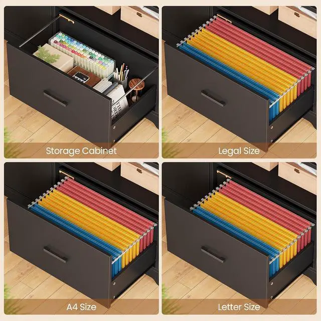 Alt view image 5 of 7 - L Shaped Standing Desk, Reversible Computer Office Desk with Drawers & Hutch, Stand Up Corner Gaming Desks with LED Lights & Power Outlets for Home Office, Black