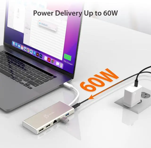 Alt view image 4 of 7 - j5create USB-C Mini Dock- Type C Hub with 2X HDMI, 2X USB 3.0, Ethernet, Power Delivery 2.0