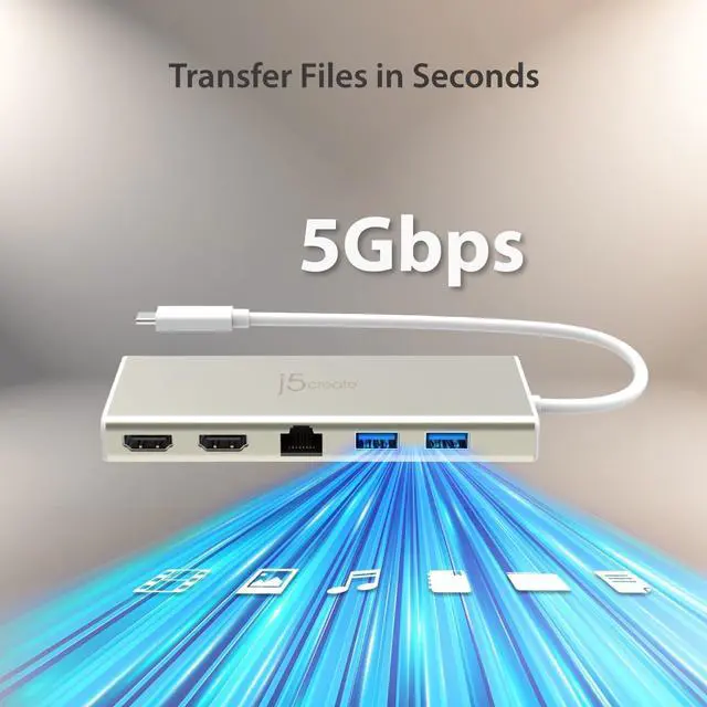 Alt view image 5 of 7 - j5create USB-C Mini Dock- Type C Hub with 2X HDMI, 2X USB 3.0, Ethernet, Power Delivery 2.0